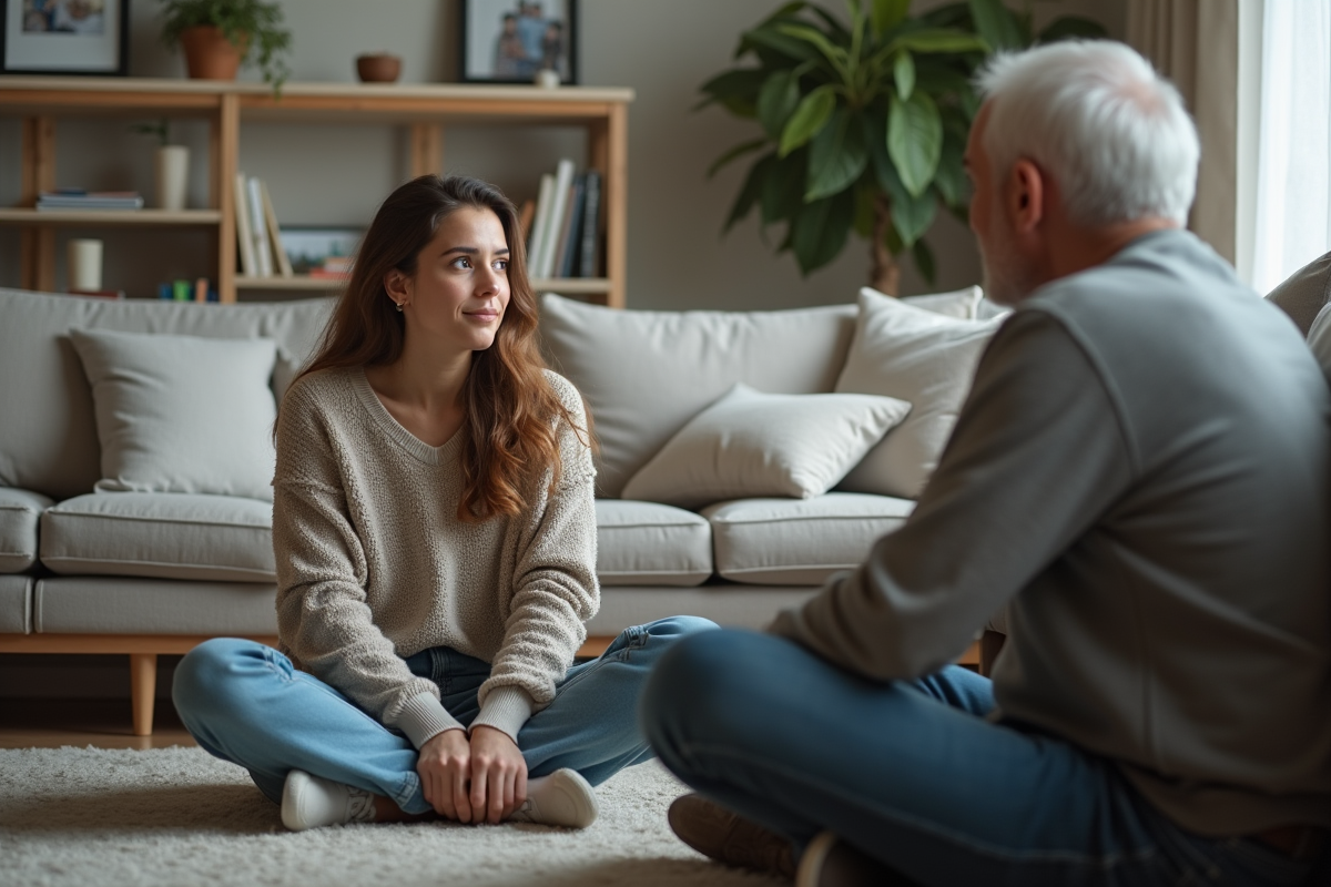 Jeune femme pensant avec son père dans un salon moderne