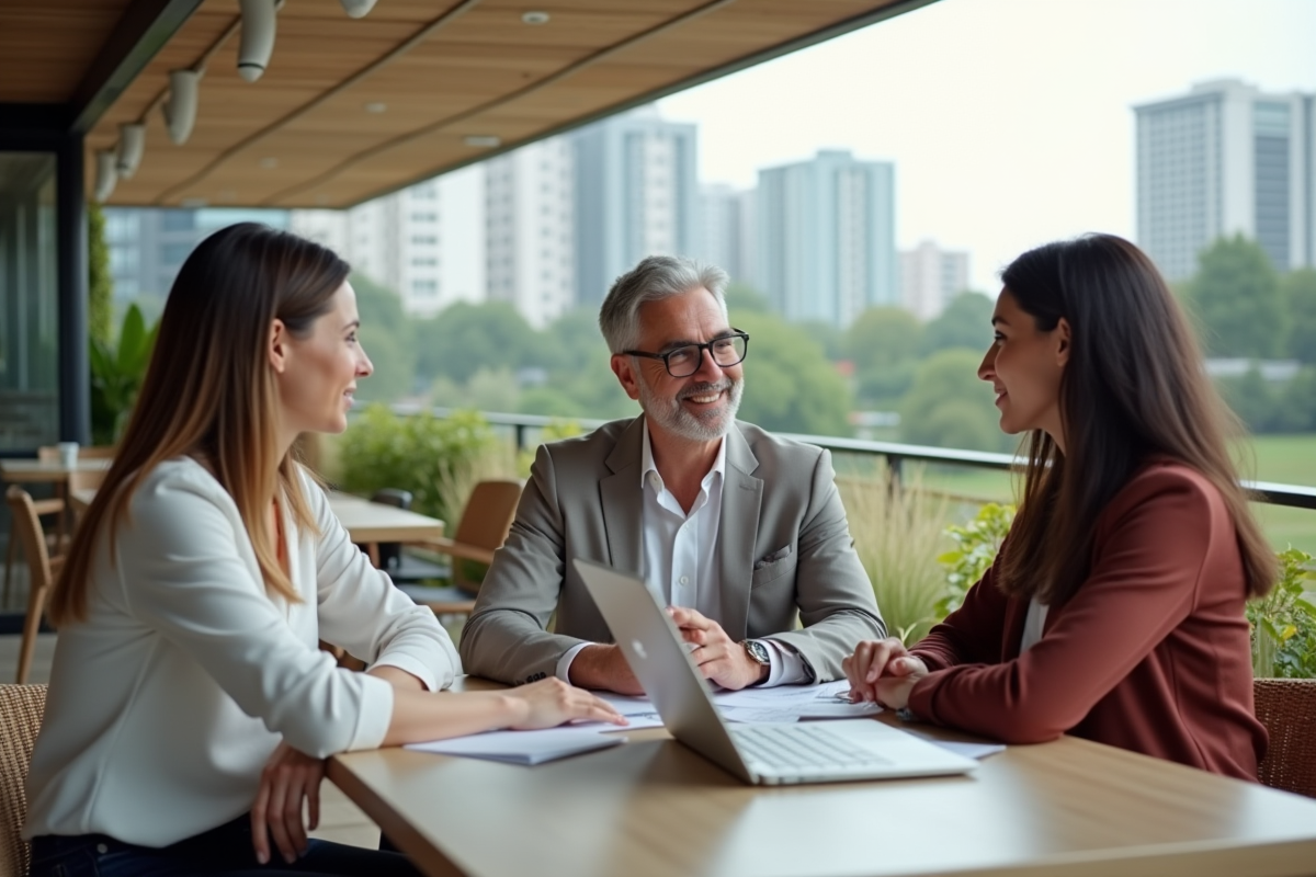 Groupe de trois investisseurs discutant dans un café en plein air