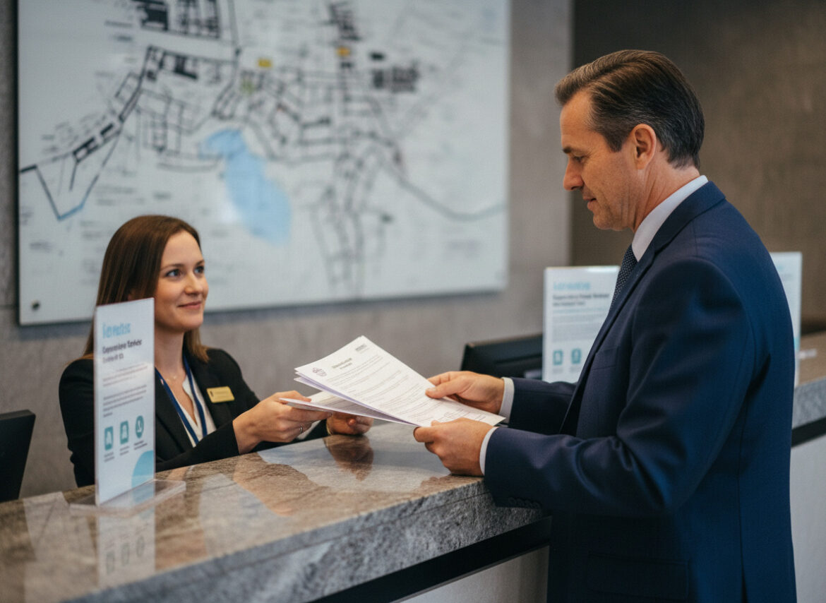 Homme en costume bleu échange des papiers avec une employée