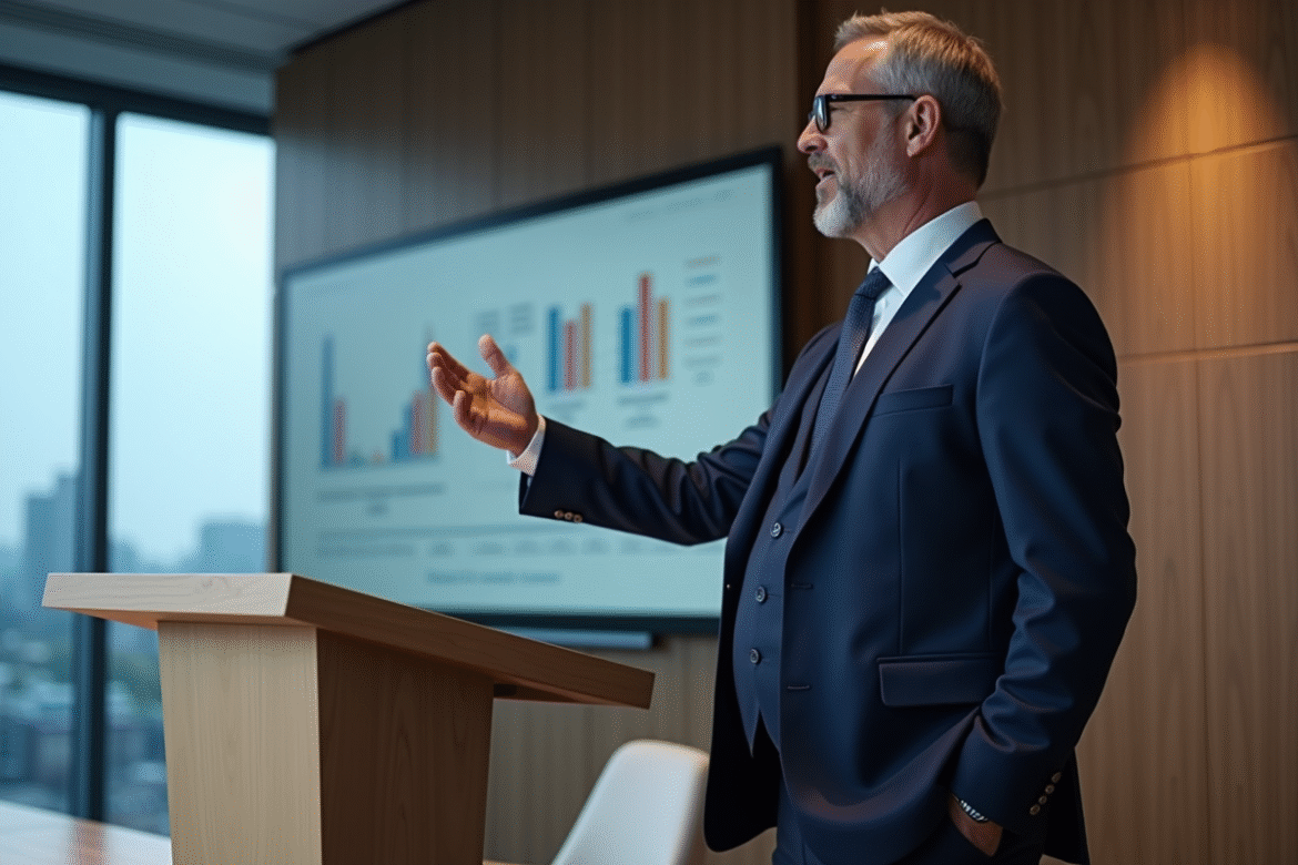 Homme d'affaires en costume navy lors d'une conférence