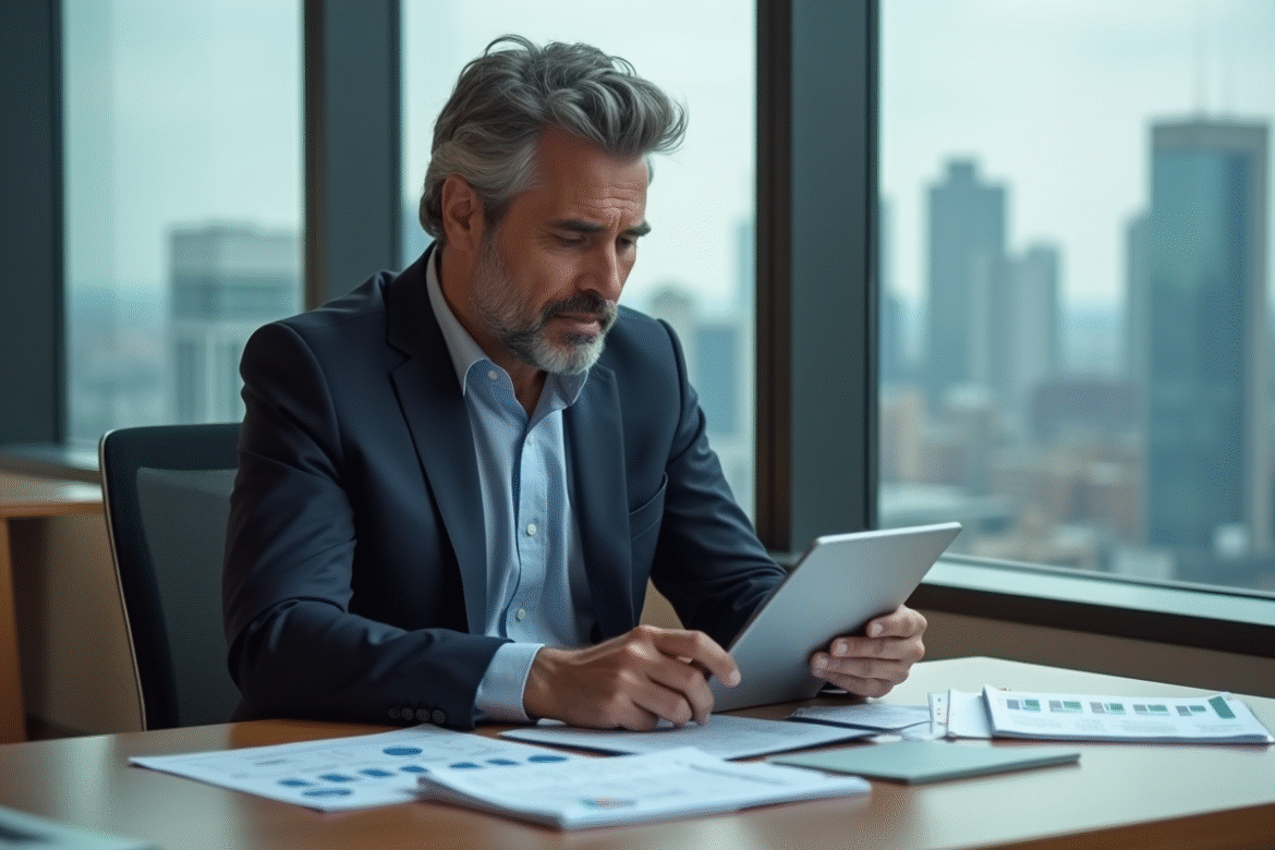 Homme d'affaires en costume dans un bureau moderne avec vue urbaine