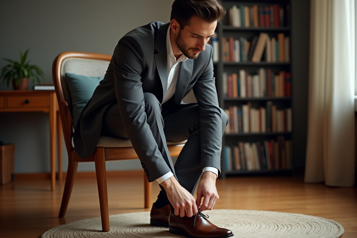Homme en costume minimaliste en train de lacer ses chaussures