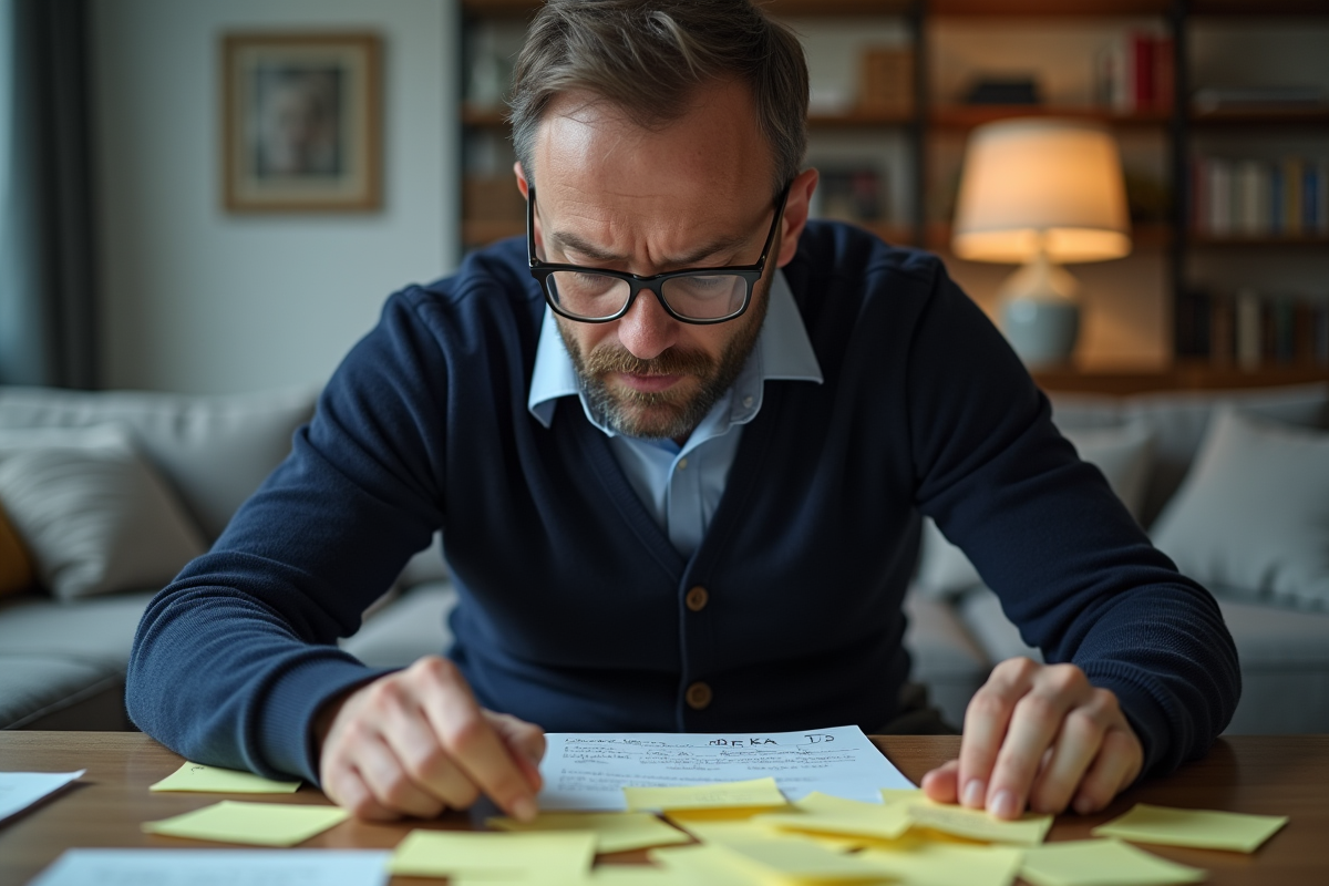 Homme âgé analysant des notes dans un salon moderne