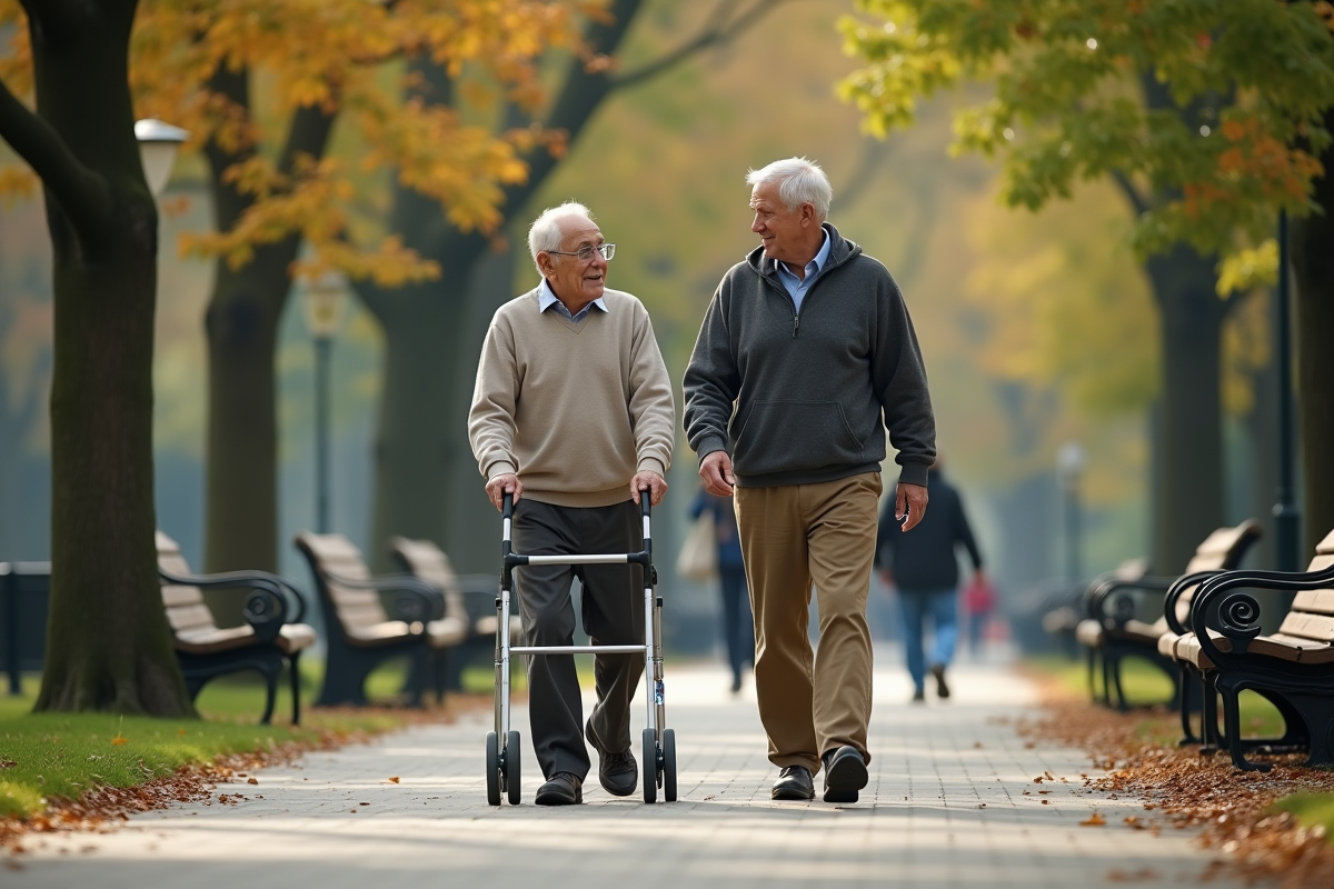 Homme âgé avec aide marchant dans un parc urbain