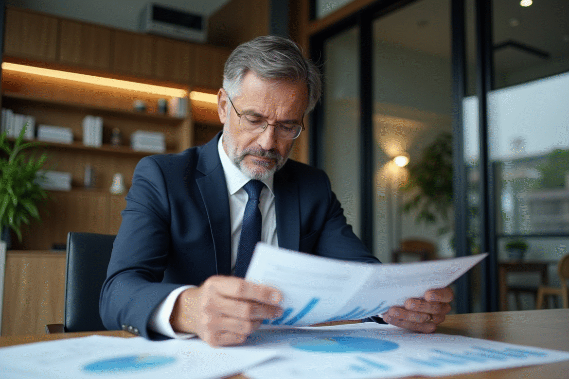Homme d'affaires en costume dans un bureau moderne analysant des documents