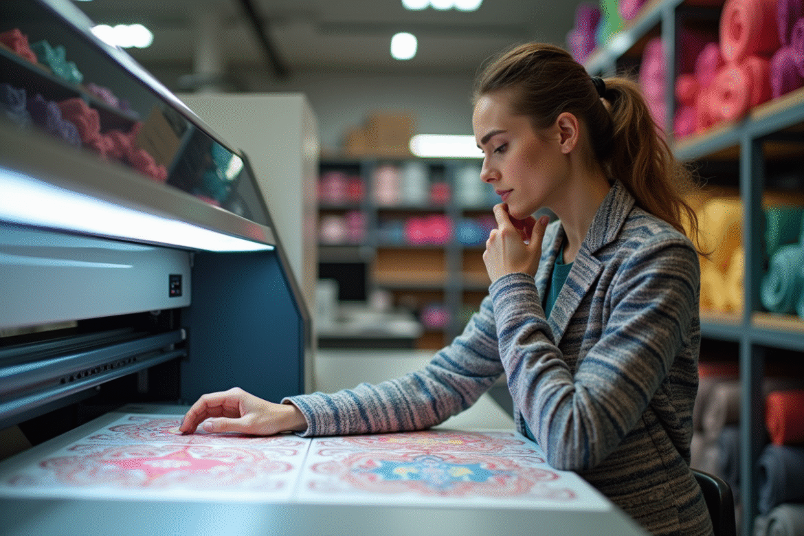 Jeune femme ajustant une imprimante textile moderne dans un atelier lumineux