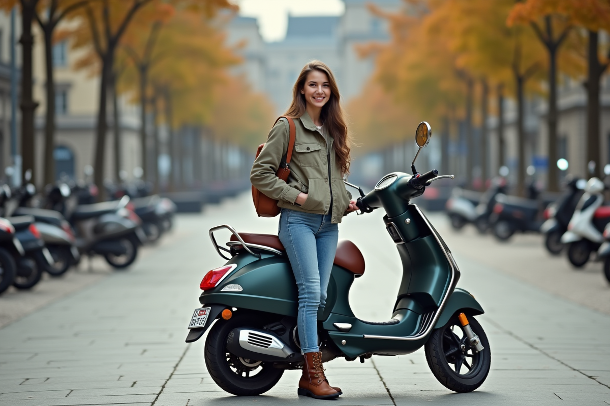 Jeune femme avec scooter en ville