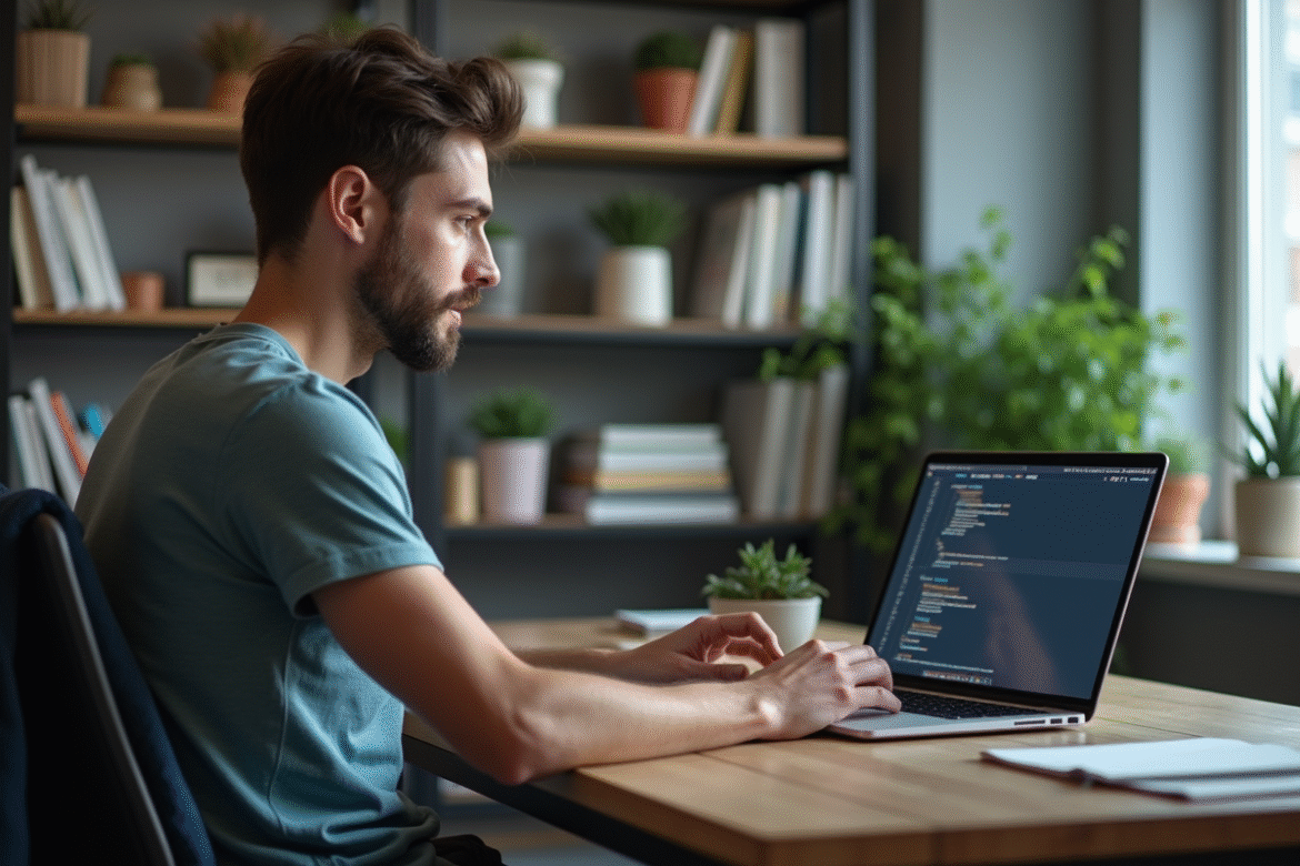 Jeune homme concentré travaillant sur un ordinateur dans un bureau moderne