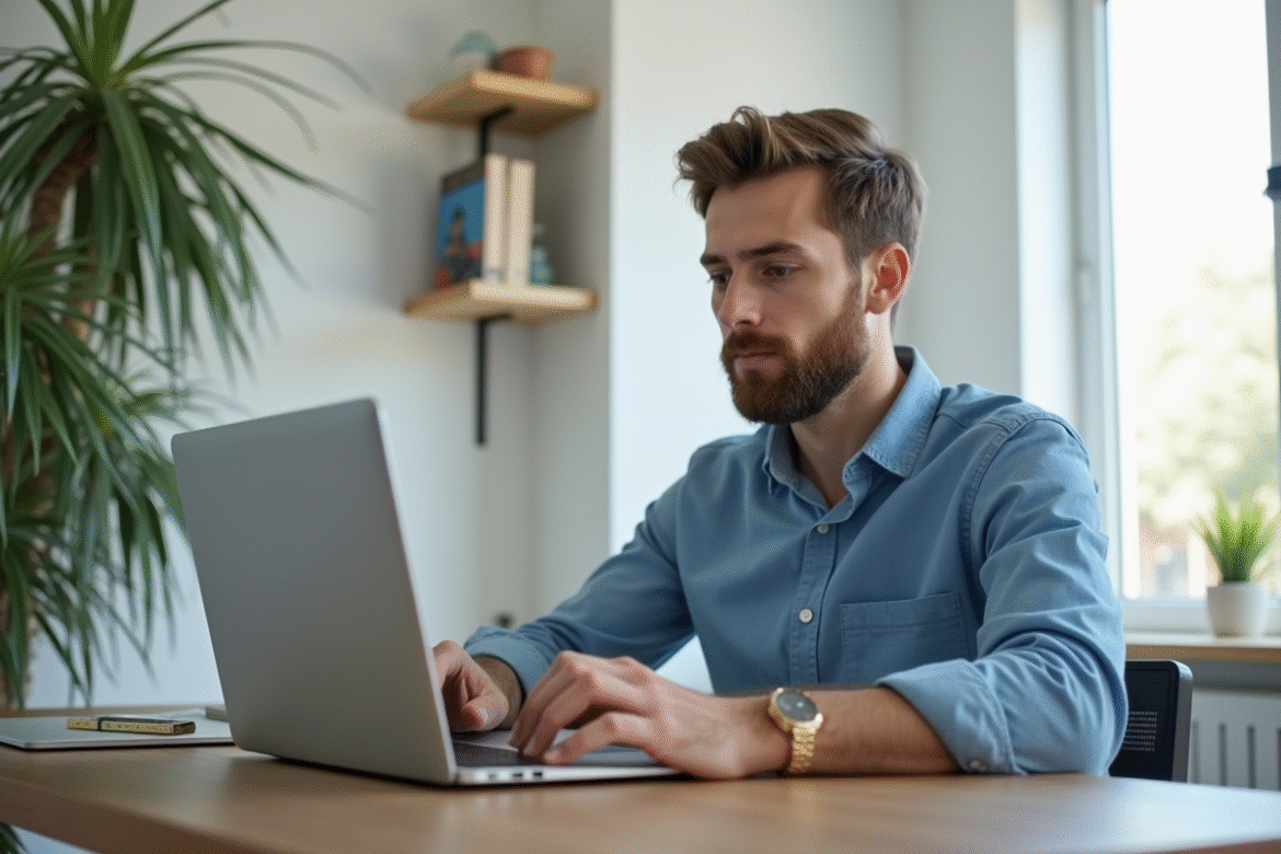 Jeune homme concentré devant son ordinateur dans un bureau moderne