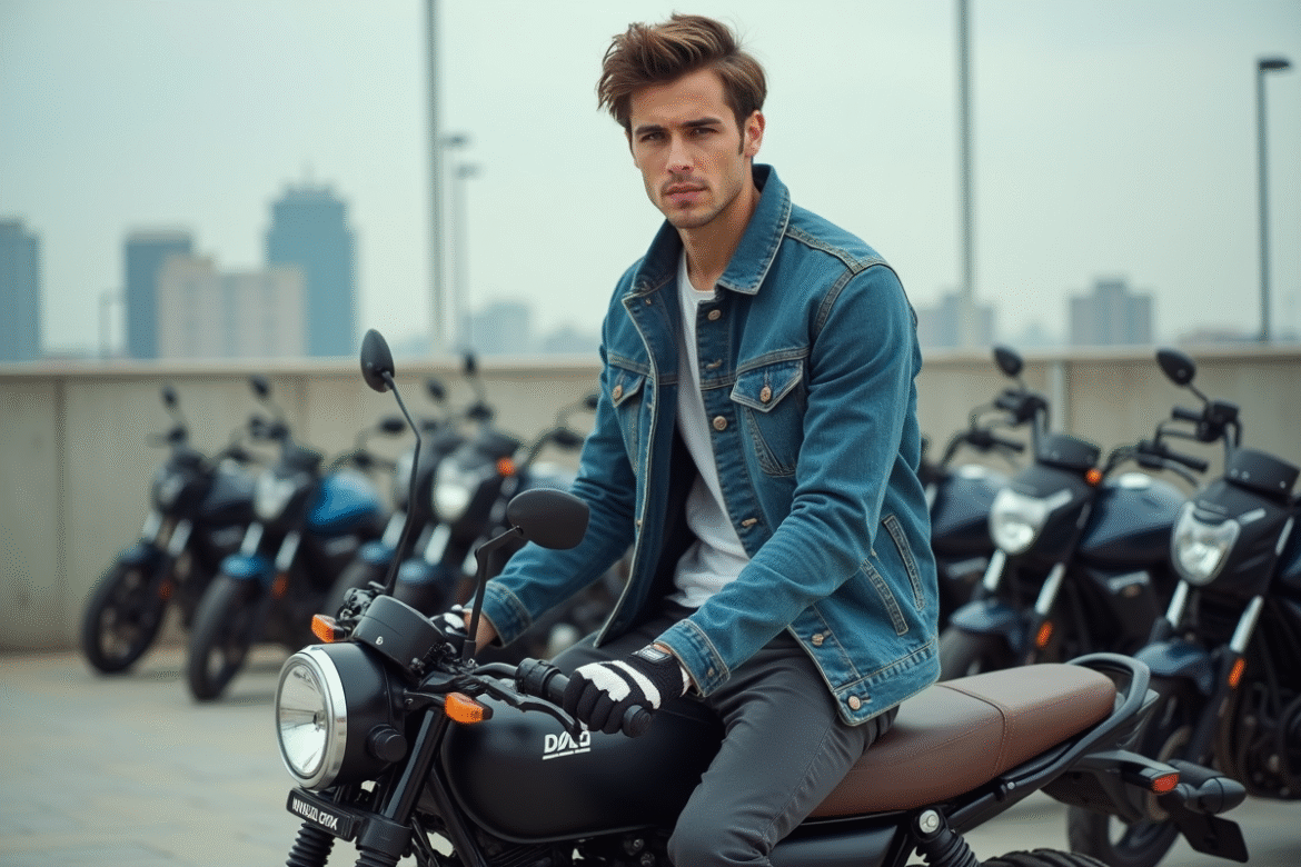 Jeune homme en denim sur une moto Dax 125 en ville