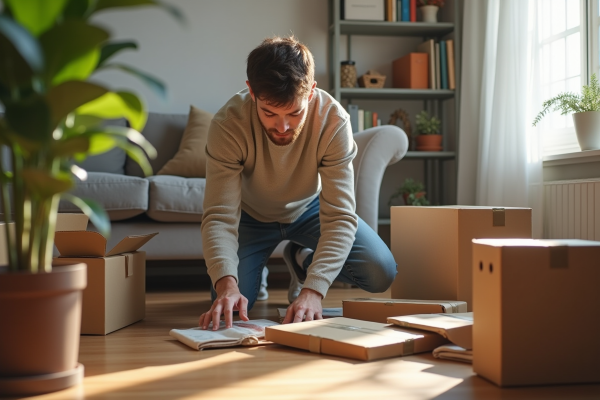 Jeune homme ouvre un colis dans un salon lumineux