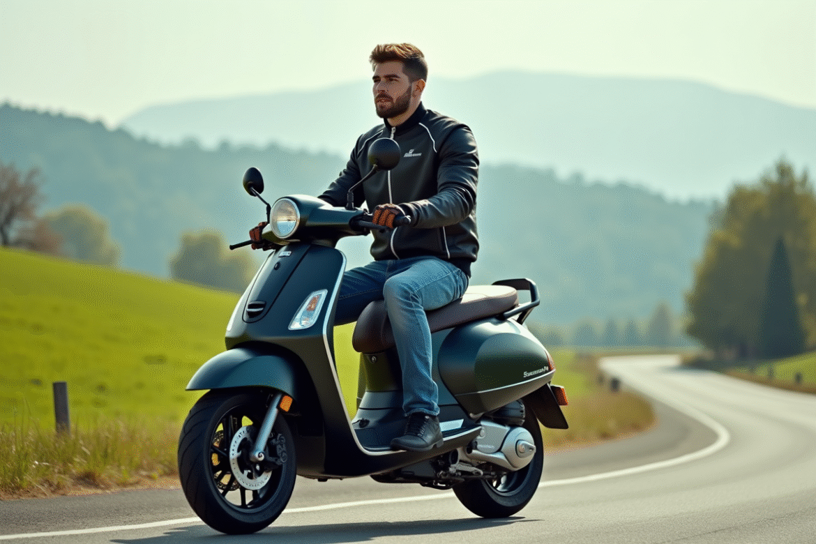 Jeune homme en moto scooter sur route de campagne