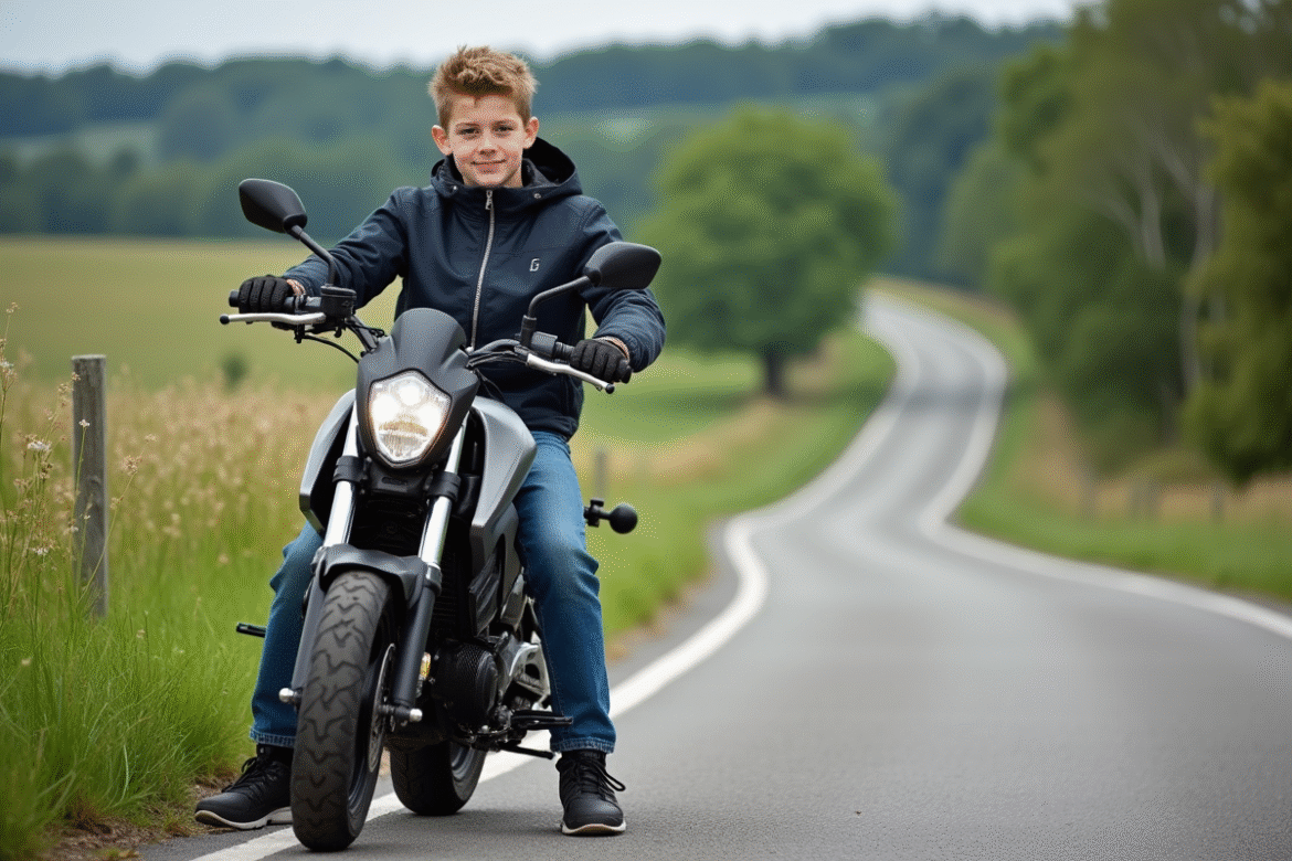 Jeune garçon en moto dans la campagne française