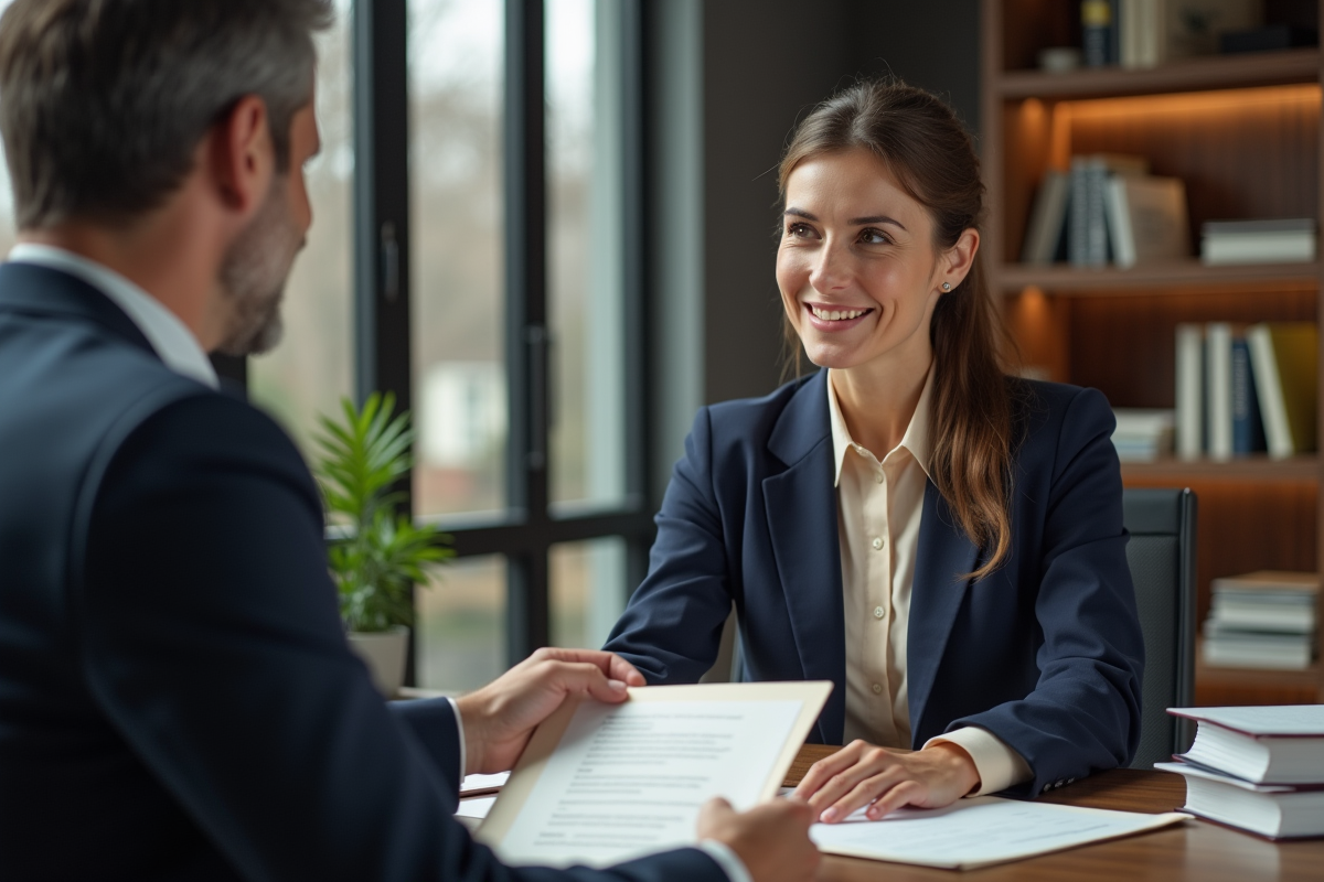 Femme notaire en action avec un client dans un bureau moderne