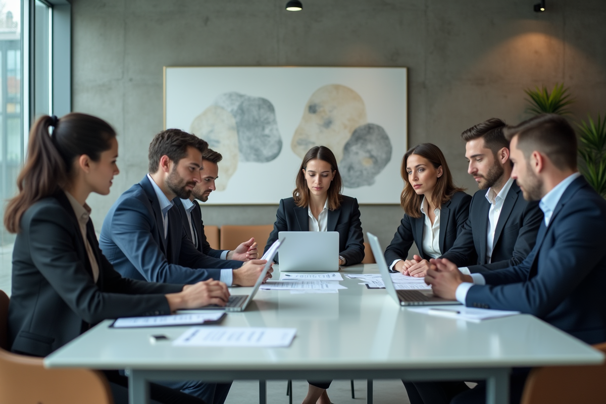 Groupe de professionnels en réunion dans un bureau lumineux