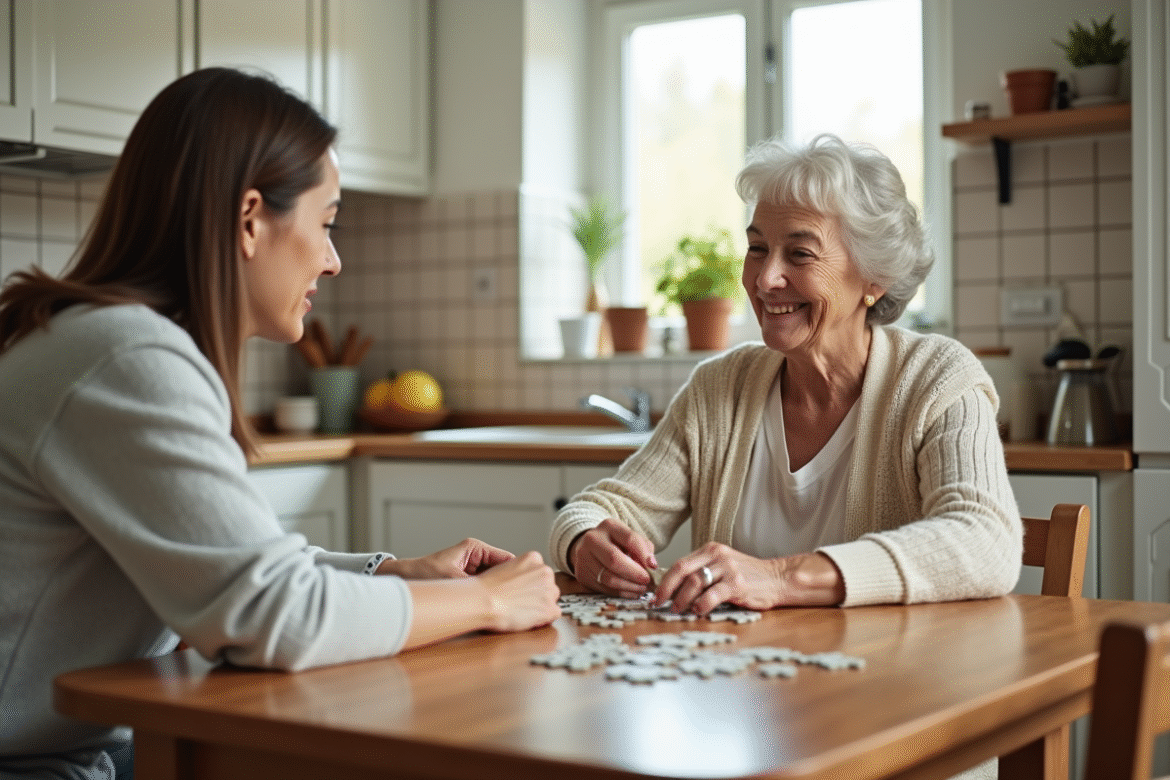 Femme âgée souriante avec aidant en cuisine lumineuse