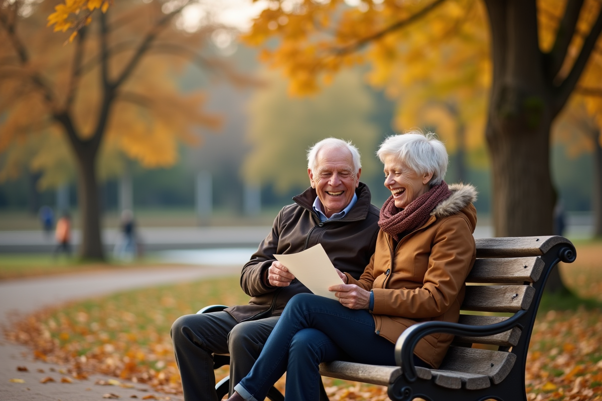 Couple âgé lisant une lettre dans un parc automnal