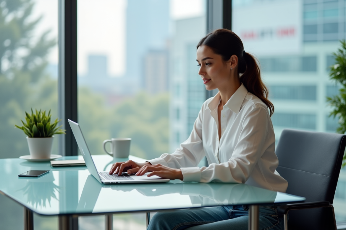 Jeune femme en bureau lors d'un appel vidéo professionnel