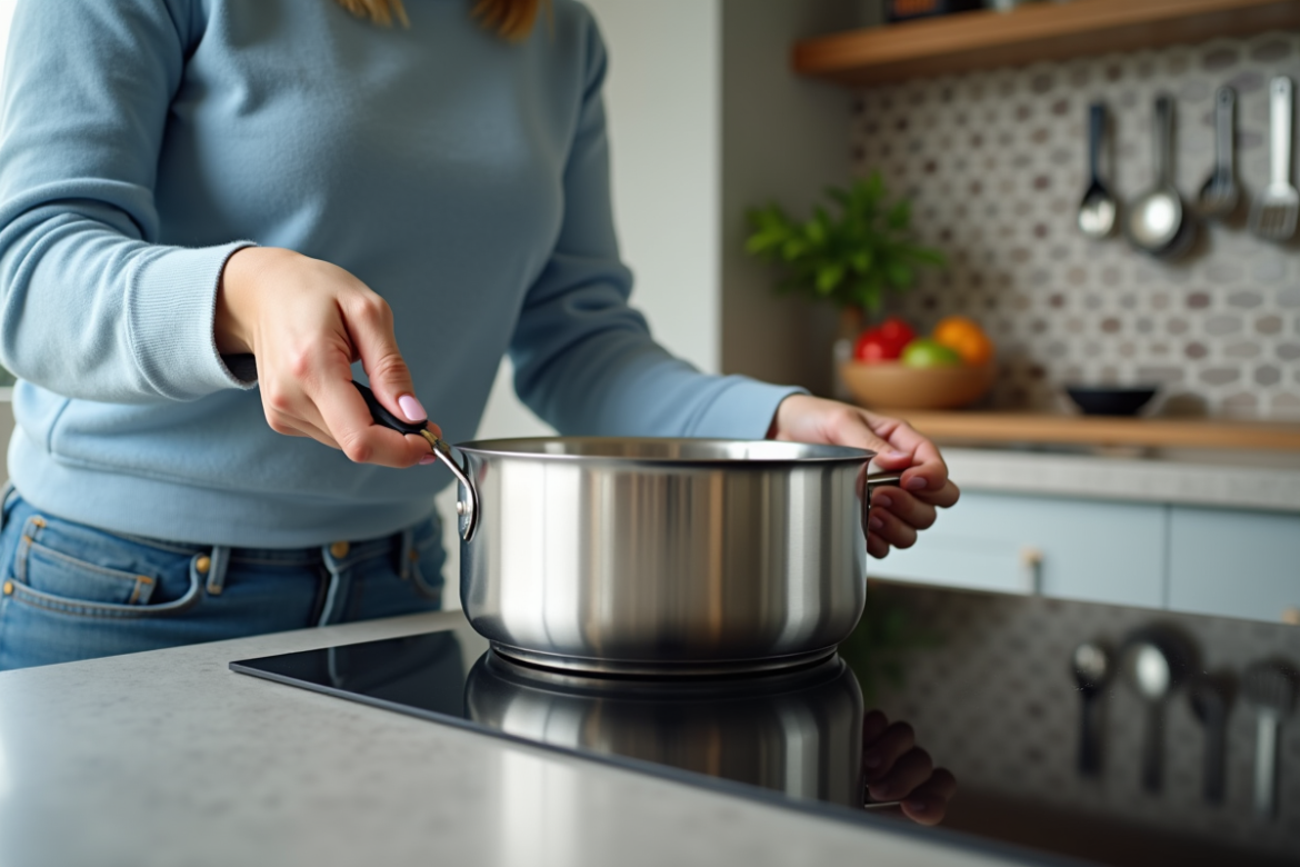 Femme posant un pot en acier inoxydable sur une plaque vitrocéramique moderne