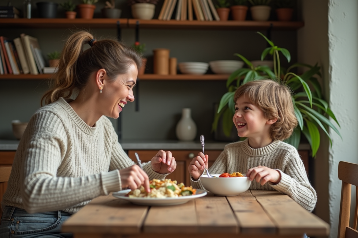 Femme et enfant partageant un repas convivial à la maison
