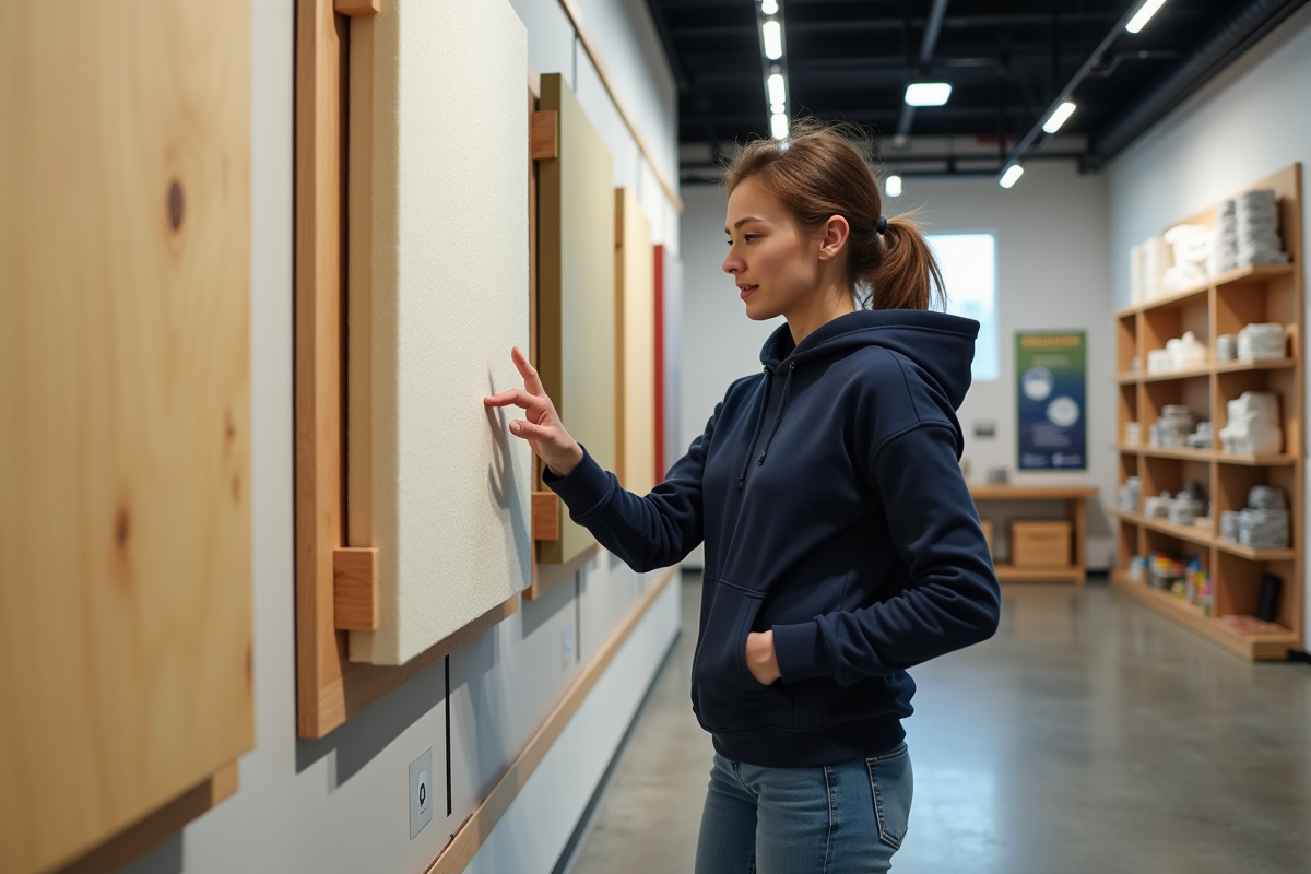 Jeune femme examine des panneaux d isolation dans un showroom