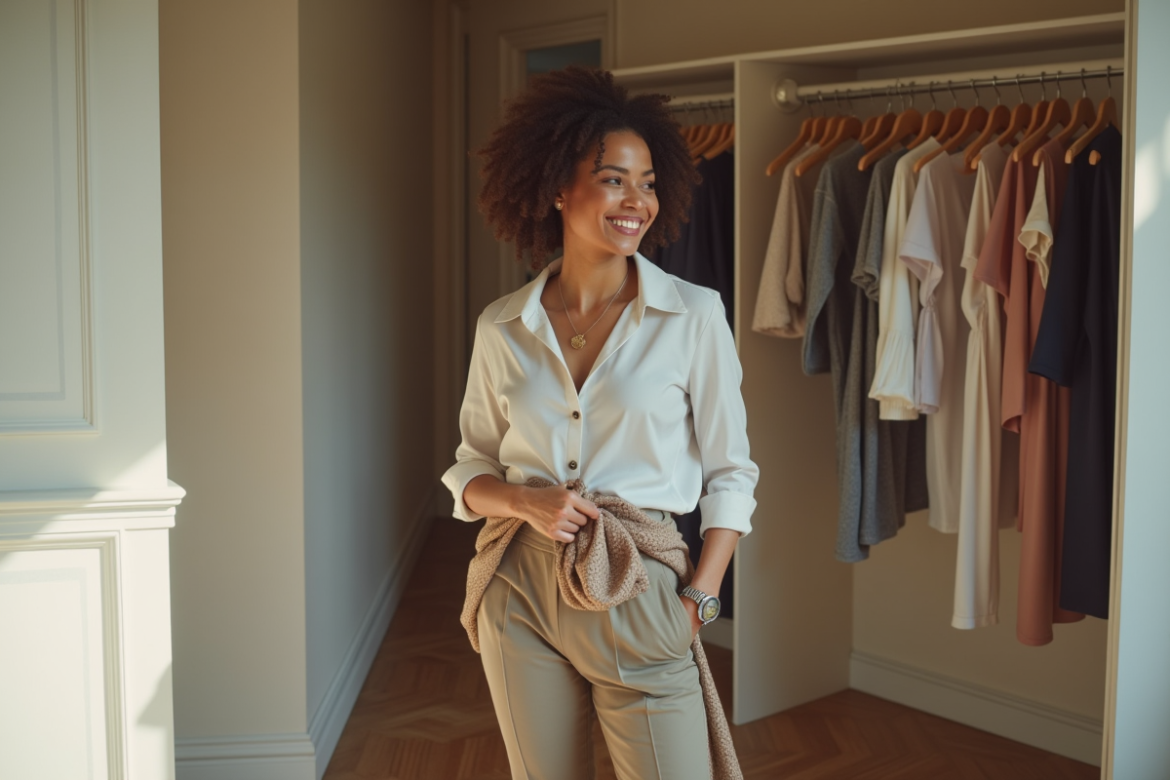 Femme élégante choisissant une tenue dans une garde-robe moderne