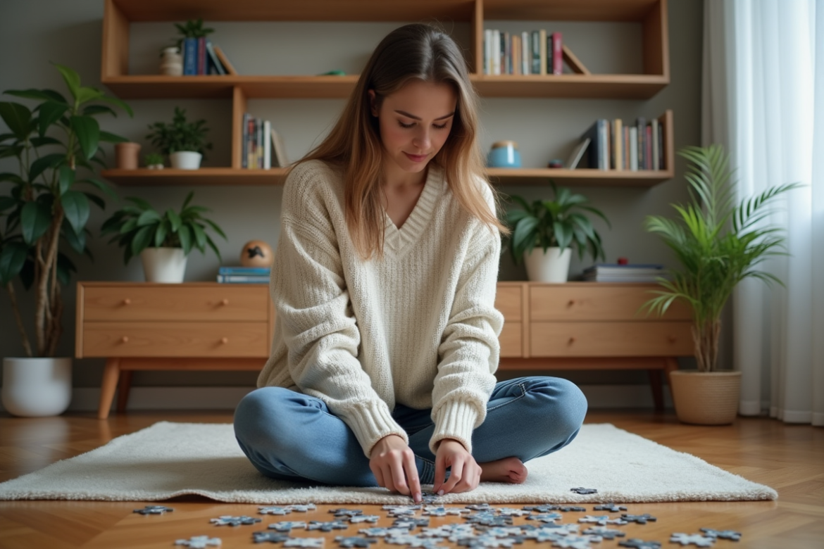 Femme assise sur le sol en train d'assembler un puzzle dans un salon cosy