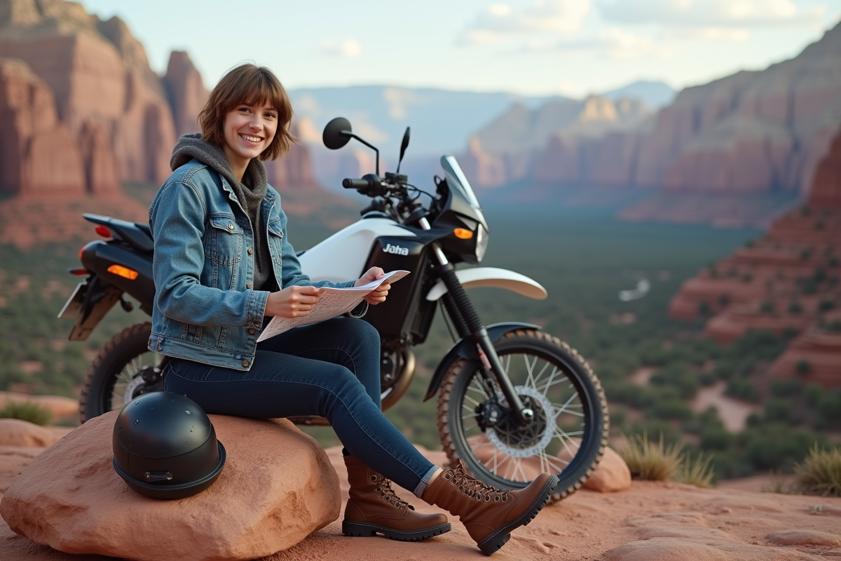 Jeune femme en randonnée avec moto dans Zion