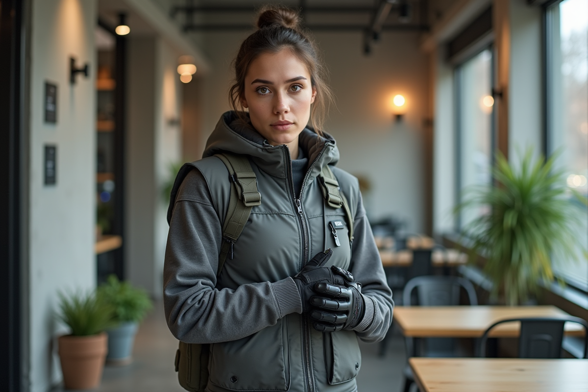 Femme en techwear ajustant ses gants dans un café contemporain