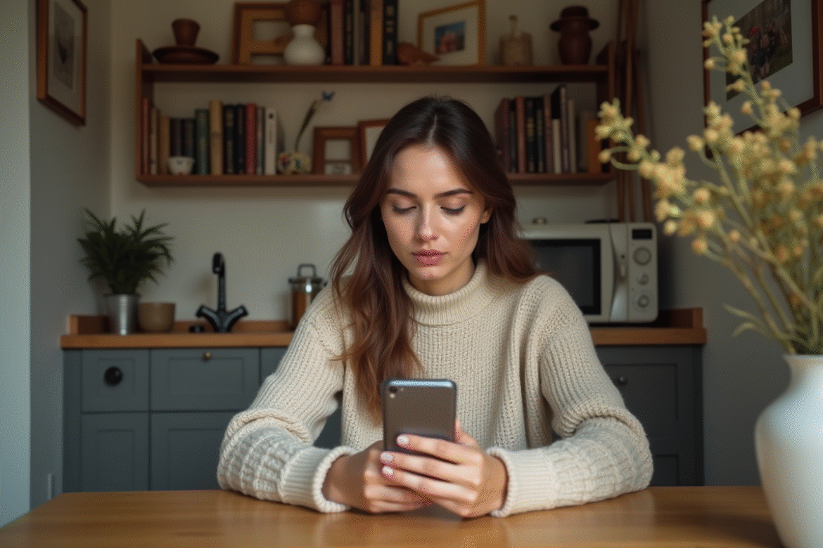Femme seule lors d'un appel vidéo dans la cuisine chaleureuse