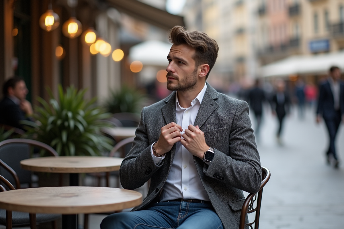 Jeune homme en blazer assis dans un café en ville