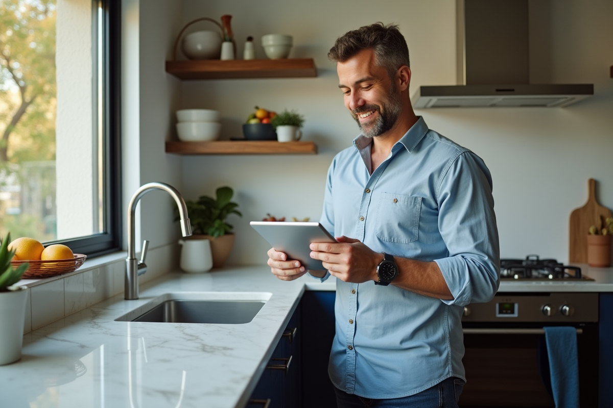 Homme d age moyen dans sa cuisine entrer email sur tablette