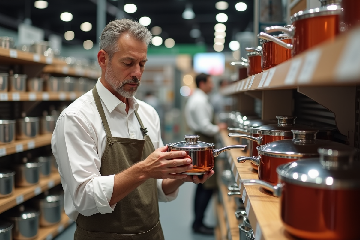 Homme examinant des casseroles pour plaque vitrocéramique en magasin