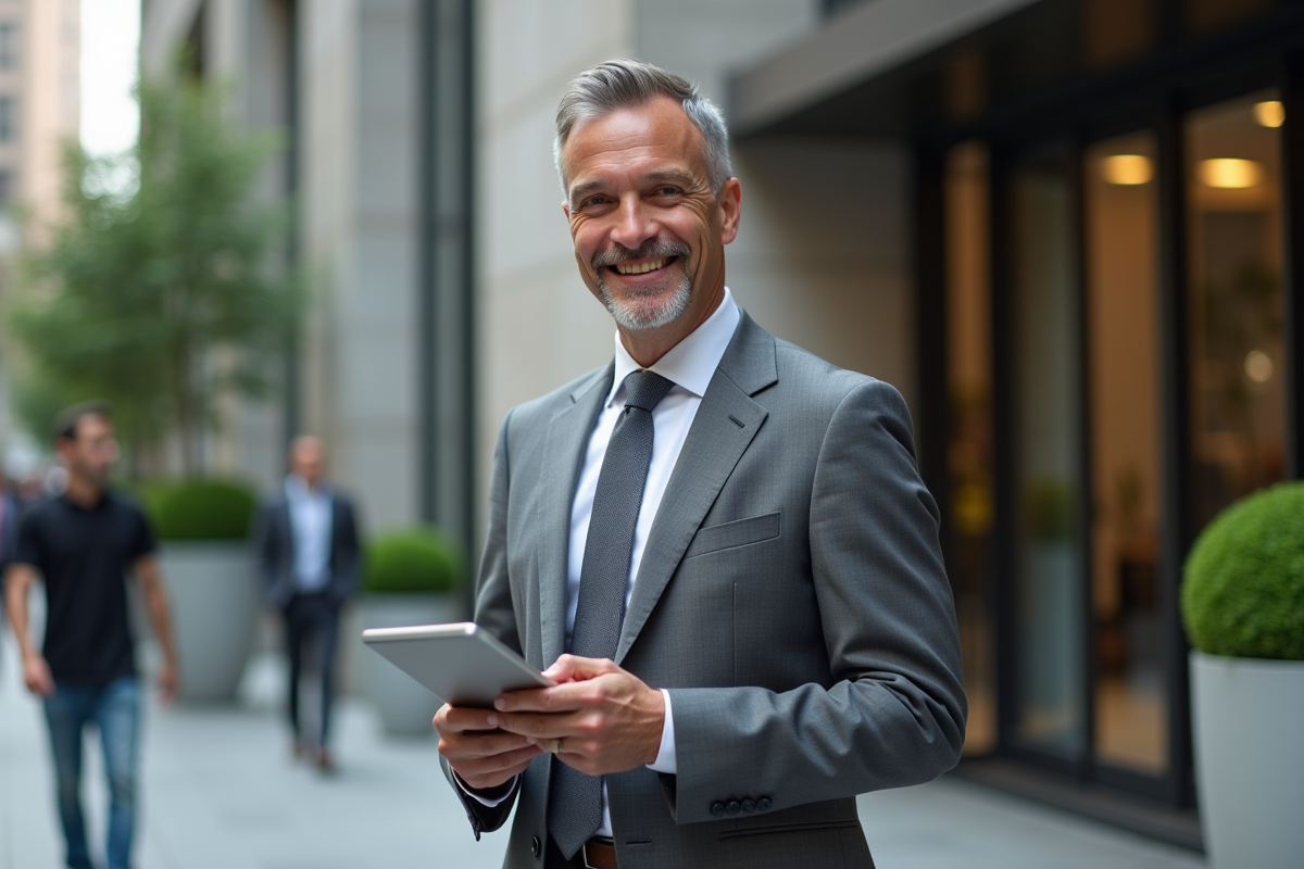 Homme d affaires souriant devant bâtiment financier