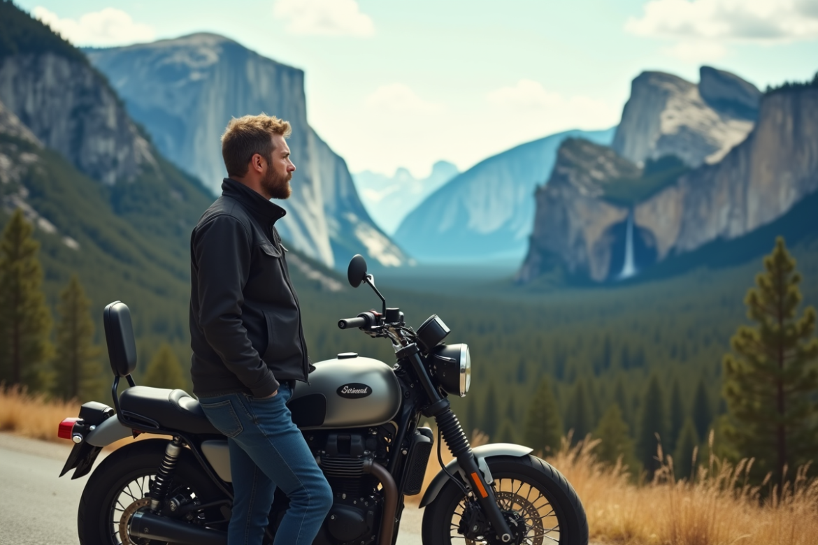 Homme en moto devant Yosemite avec falaises et forêts