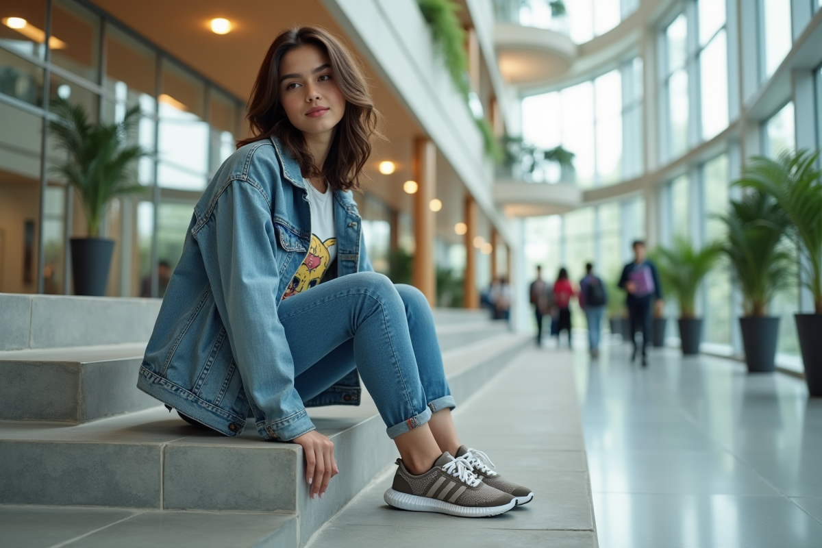 Jeune femme en mode durable assise dans un atrium lumineux