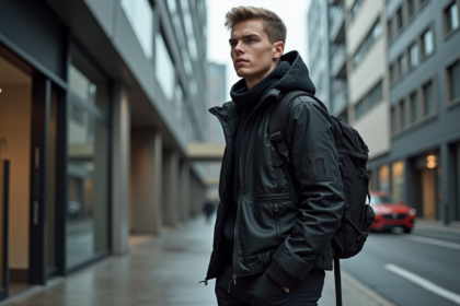 Jeune homme en techwear noir dans la ville moderne