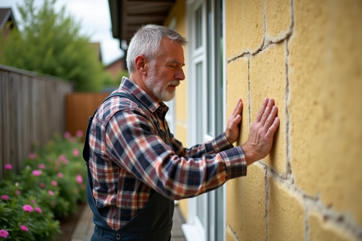 Ouvrier en overalls posant de la laine mineral sur un mur
