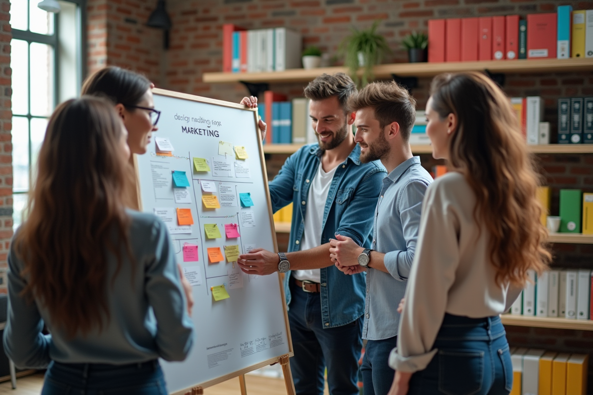 Groupe divers d equipe marketing discutant autour d un tableau