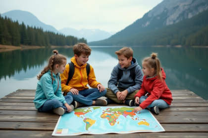Famille souriante sur un pont en bois au bord du lac