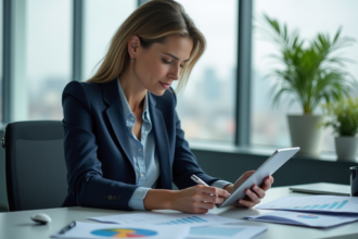 Femme d'affaires analysant des graphiques financiers dans un bureau lumineux