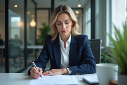 Femme d'affaires vérifiant des documents d'assurance