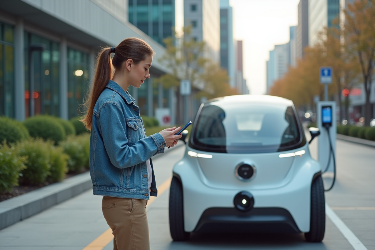 Jeune femme interagit avec une voiture autonome en ville