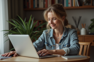 Femme d'âge moyen lisant sur son ordinateur à la maison