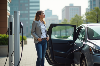 Femme d'affaires près d'une voiture hybride en station de charge