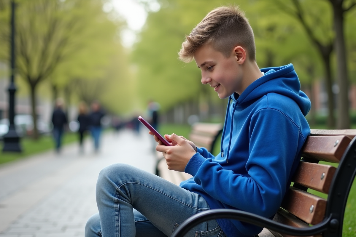 Adolescent assis sur un banc dans un parc regardant son téléphone