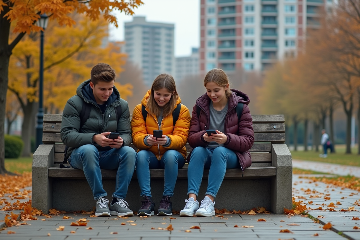 Trois adolescents sur un banc dans un parc urbain