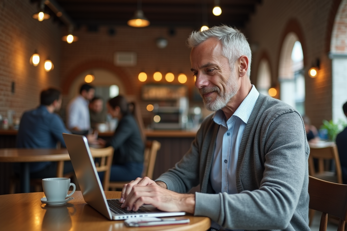 Homme d affaires au café travaillant sur son ordinateur