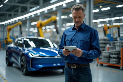 Ingénieur automobile avec voiture électrique prototype