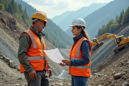 Ingénieur civil examine un hillside renforcé avec murs et ancrages